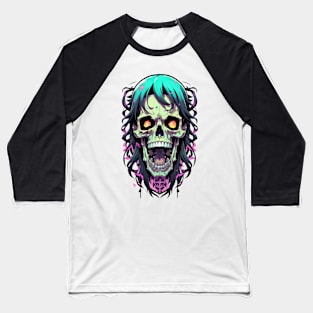 Long Haired Skull Zombie Illustration Baseball T-Shirt